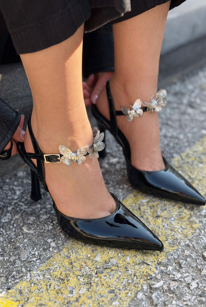 Senar Stiletto Siyah Rugan Kelebek Detaylı - ILOVESHOES