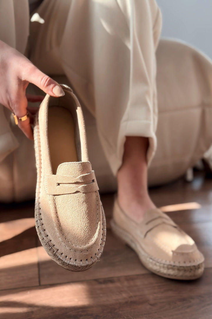 Celure Espadril Loafer Bej Hakiki Süet - ILOVESHOES