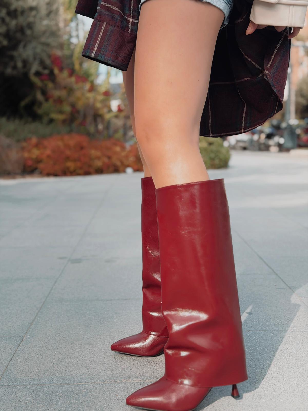 Lencie Kadın Topuklu Çizme Bordo Kırışık Rugan - ILOVESHOES