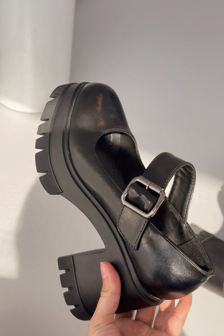 Solea Kalın Taban Topuklu Mary Jane Siyah Mat Deri - ILOVESHOES