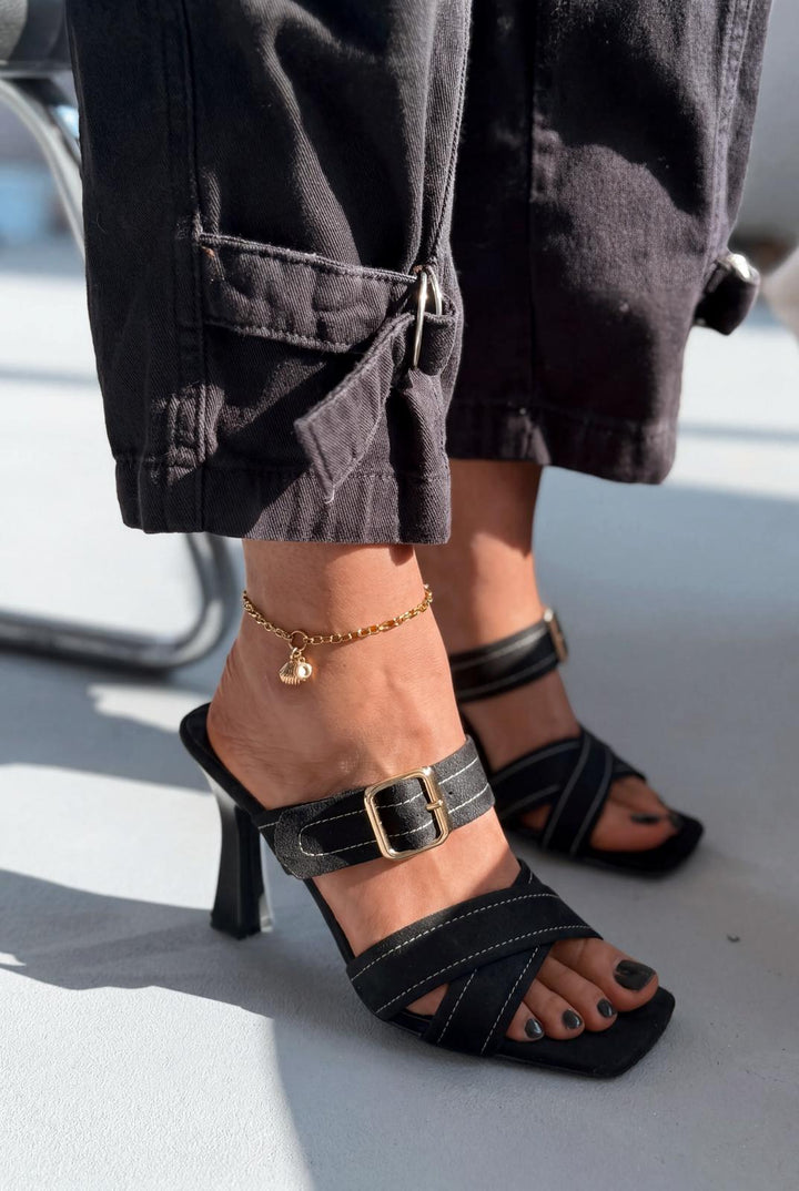 Norden Siyah Süet Kadın Topuklu Terlik - ILOVESHOES