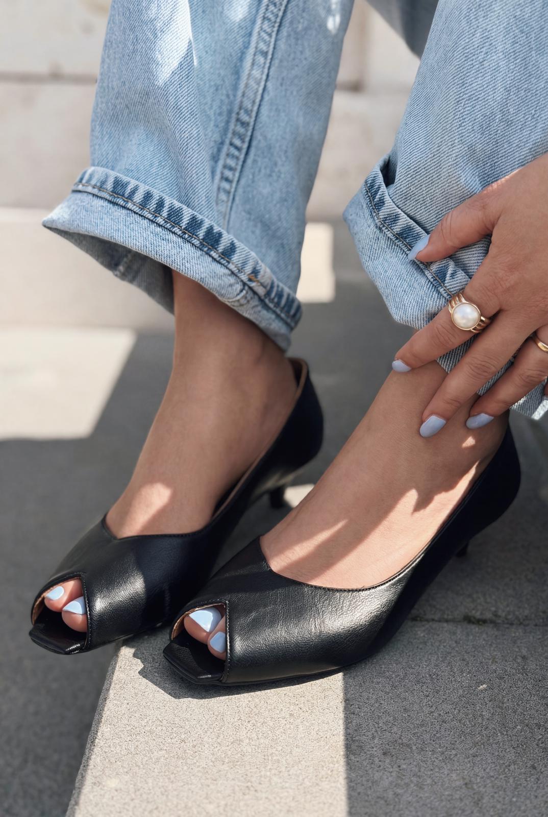 Norvion Hakiki Deri Siyah Mat Deri Kadın Topuklu Ayakkabı - ILOVESHOES