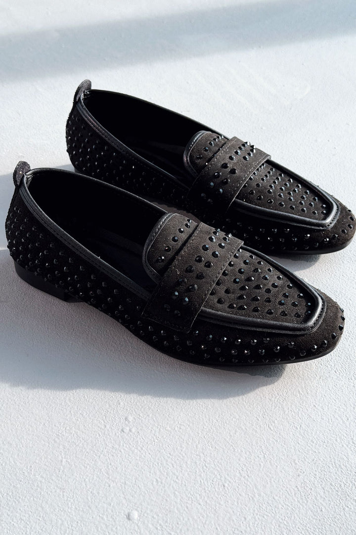 Talori Kadın Loafer Siyah Süet Siyah Taşlı - ILOVESHOES