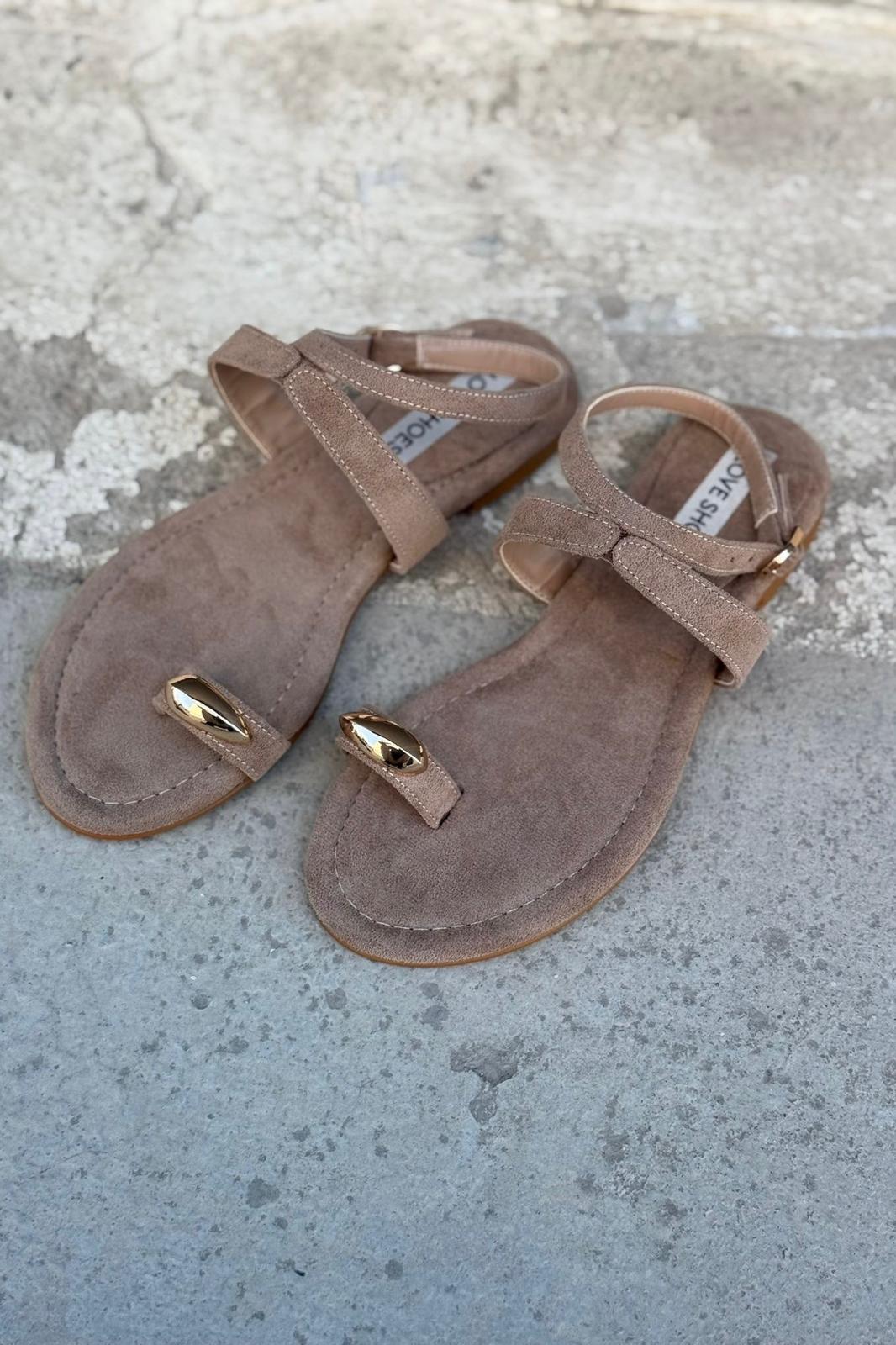 Velinka Süet Bej Parmak Arası Kadın Sandalet - ILOVESHOES
