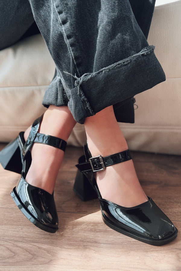 Melora Yüksek Topuklu Siyah Rugan Marry Jane