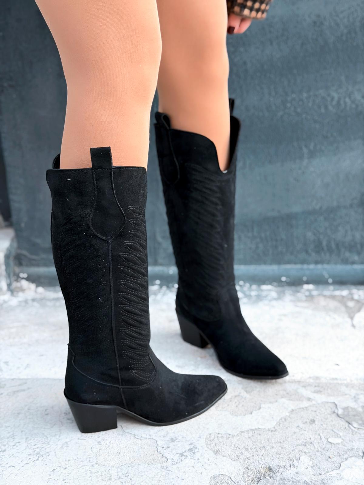 Marvett Kadın Kovboy Çizme Siyah Süet - ILOVESHOES