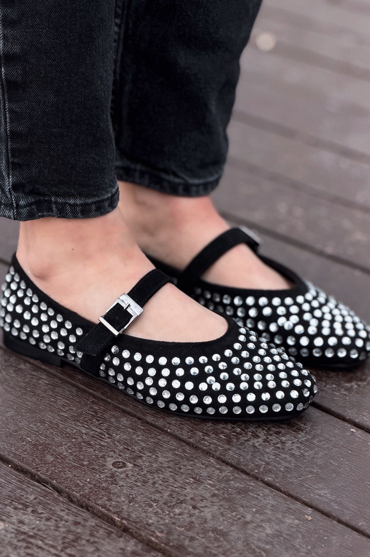 Orion Kadın Babet Siyah Süet Gri Taş Detaylı - ILOVESHOES