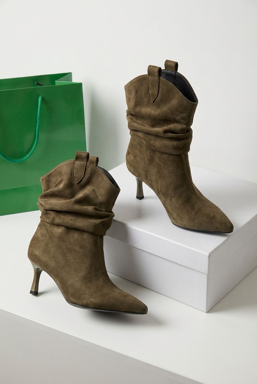 Veluxe Kadın Topuklu Bot Haki Süet - ILOVESHOES