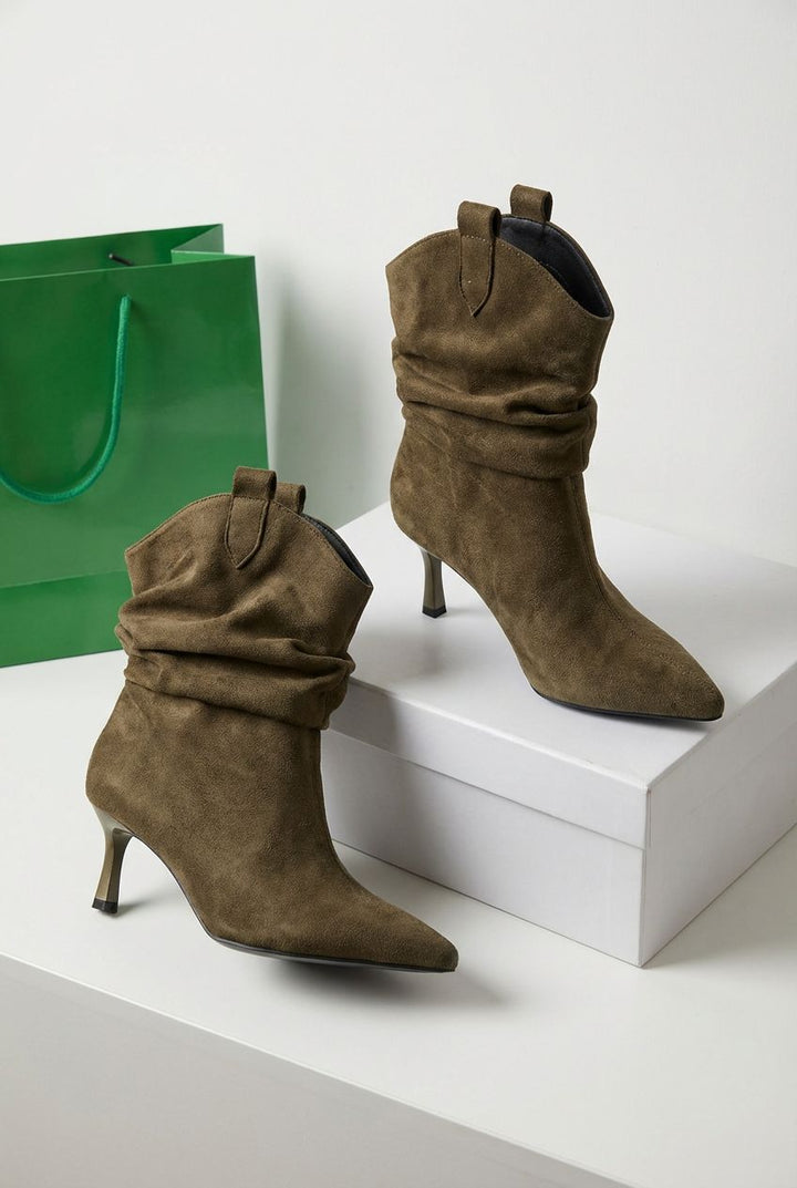 Veluxe Kadın Topuklu Bot Haki Süet - ILOVESHOES