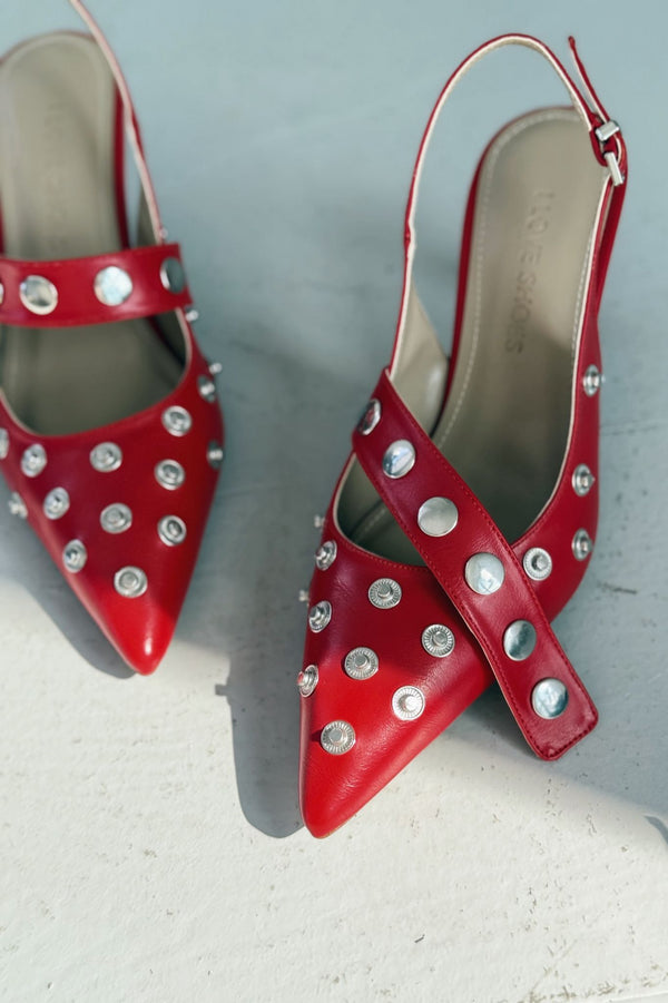 Selorin Mat Deri Zımba Detaylı Stiletto Kırmızı - ILOVESHOES