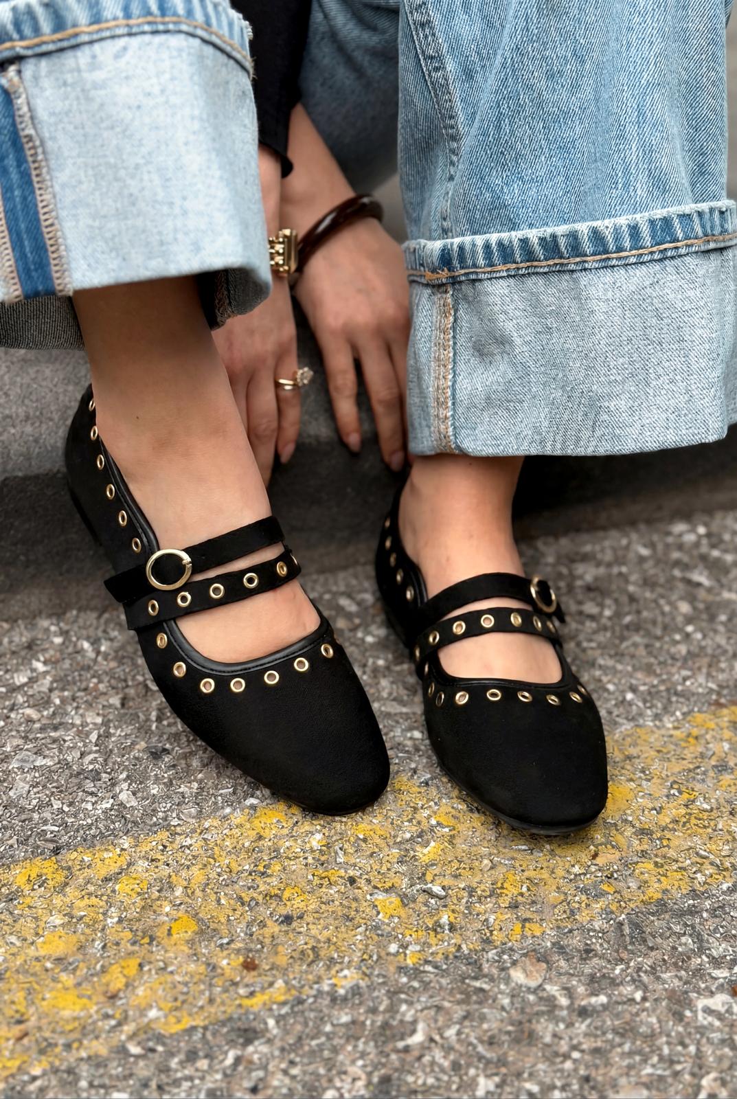 Elia Siyah Süet Kadın Babet - ILOVESHOES