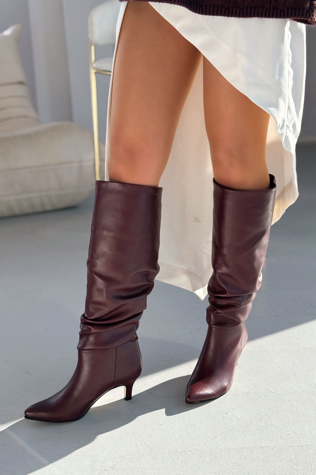 Sollet Bordo İnce Topuklu Günlük Kadın Çizme - ILOVESHOES