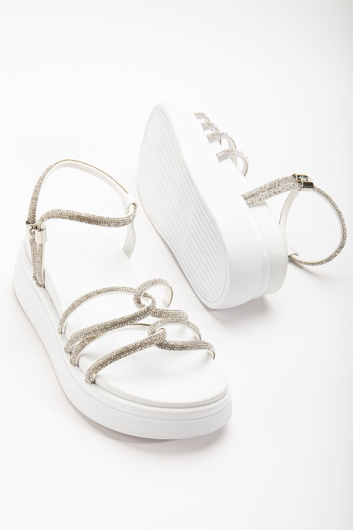 Tylinea Mat Beyaz Gümüş Bantlı Kadın Sandalet - ILOVESHOES