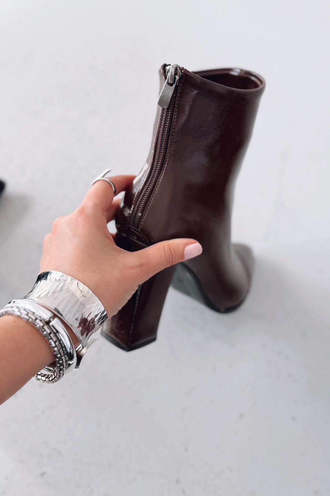 Miren Kadın Topuklu Bot Acıkahve Parlak Deri - ILOVESHOES