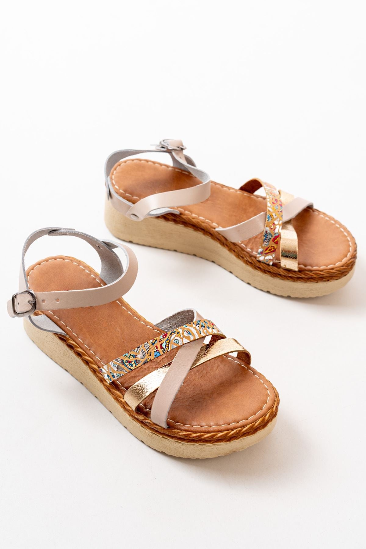 Joniris Hakiki Deri Bej Kalın Taban Kadın Sandalet - ILOVESHOES