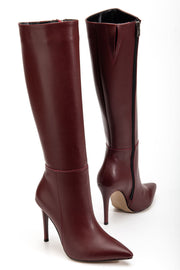 Zynor Bordo Fermuarlı Lastikli İnce Yüksek Topuklu Kadın Çizme - ILOVESHOES
