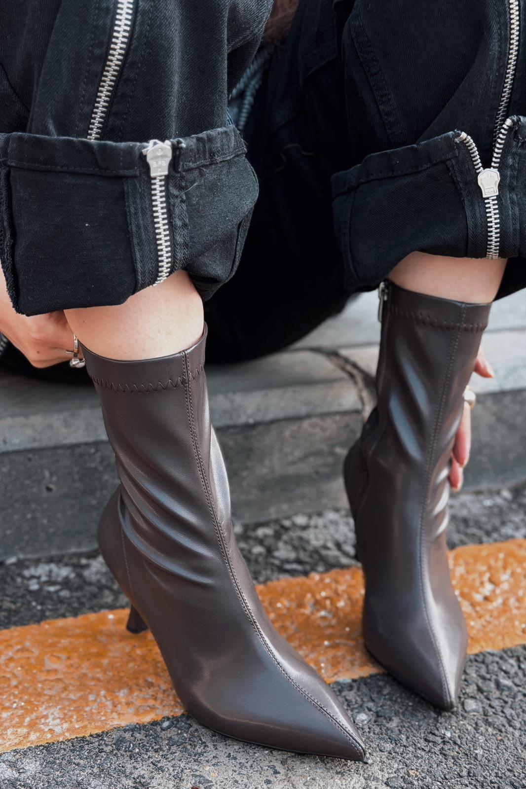 Osenia Kadın Topuklu Streç Bot Acıkahve Mat Deri - ILOVESHOES