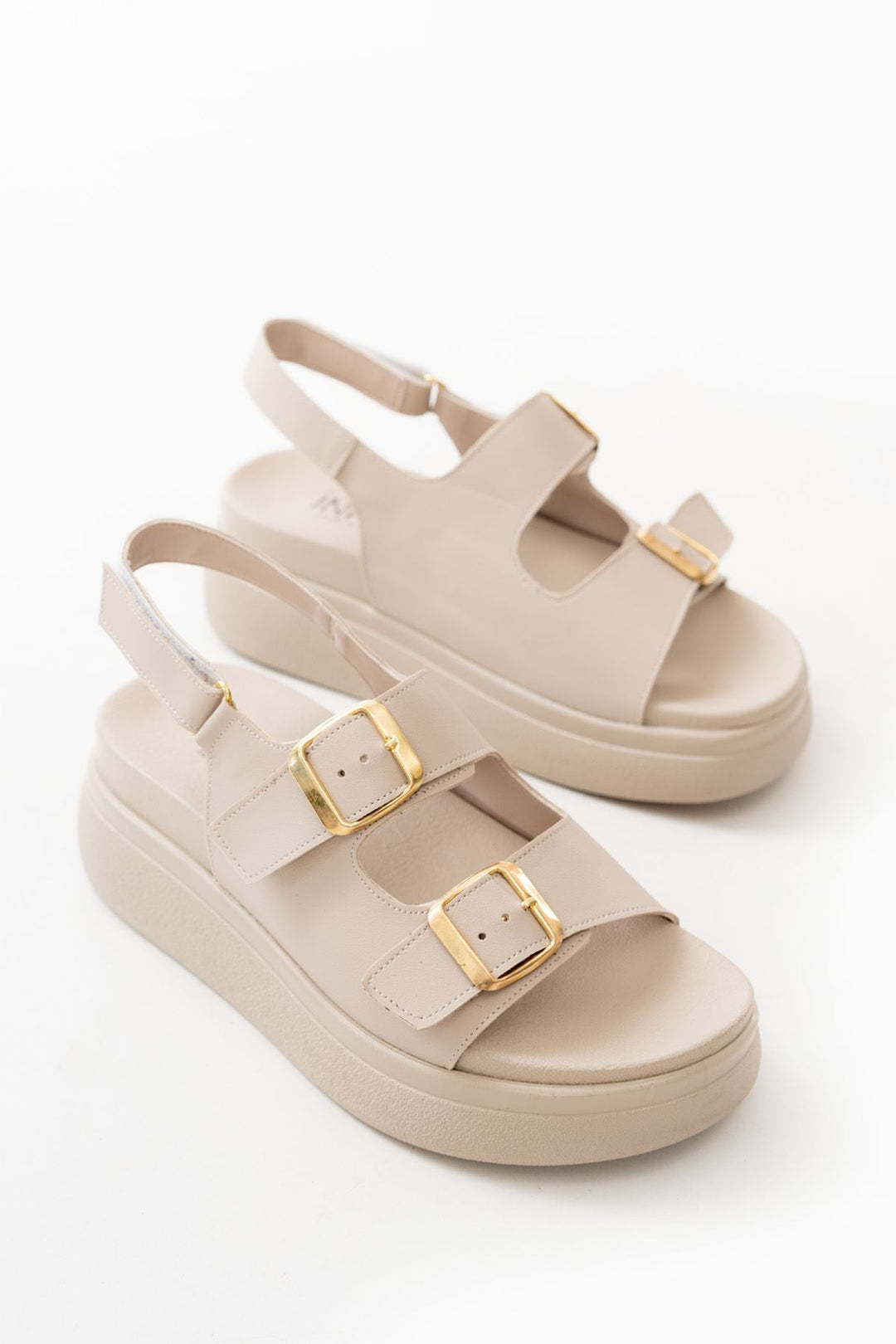 Paliris Mat Deri Bej Kalın Taban Kadın Sandalet - ILOVESHOES