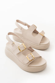 Paliris Mat Deri Bej Kalın Taban Kadın Sandalet - ILOVESHOES