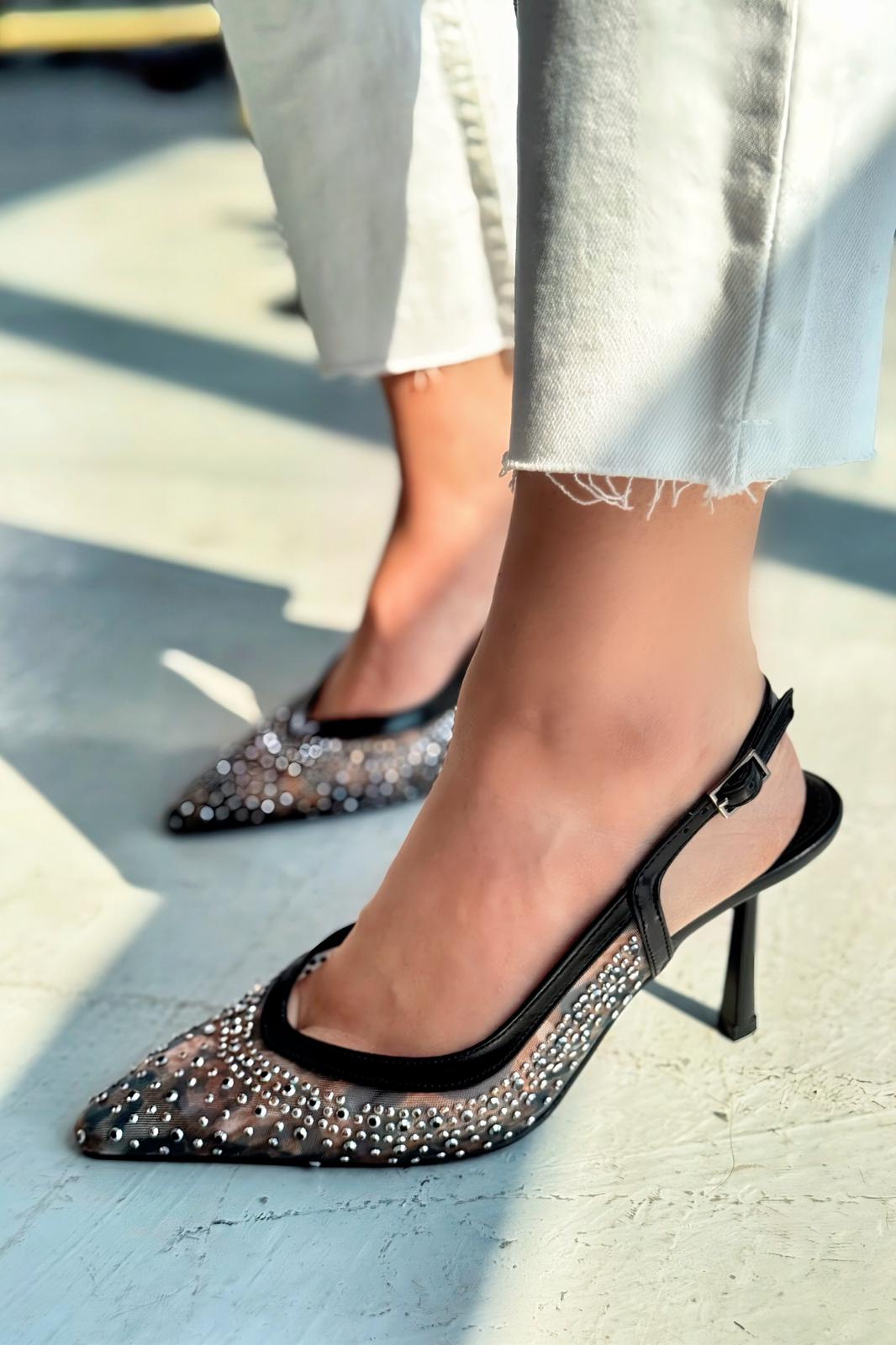 Clarwon Tül Taş Detaylı Stiletto Siyah - ILOVESHOES