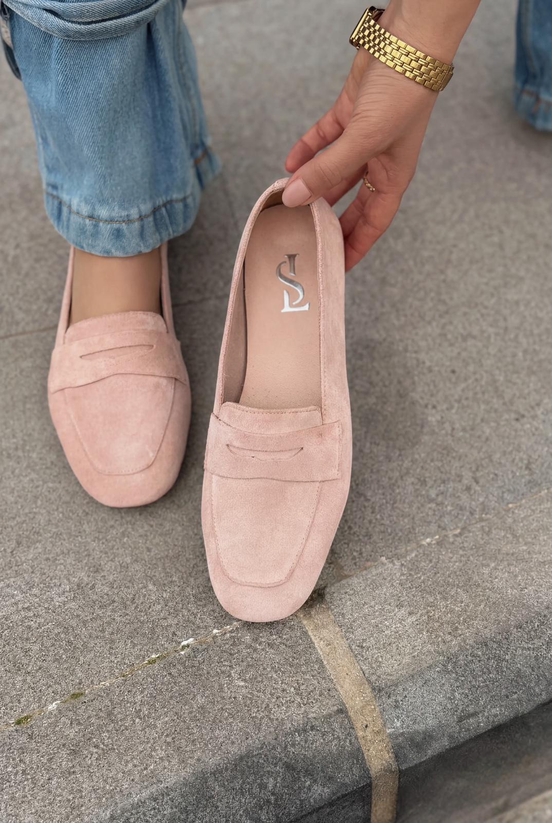 Melniel Hakiki Süet Kadın Loafer Pudra - ILOVESHOES