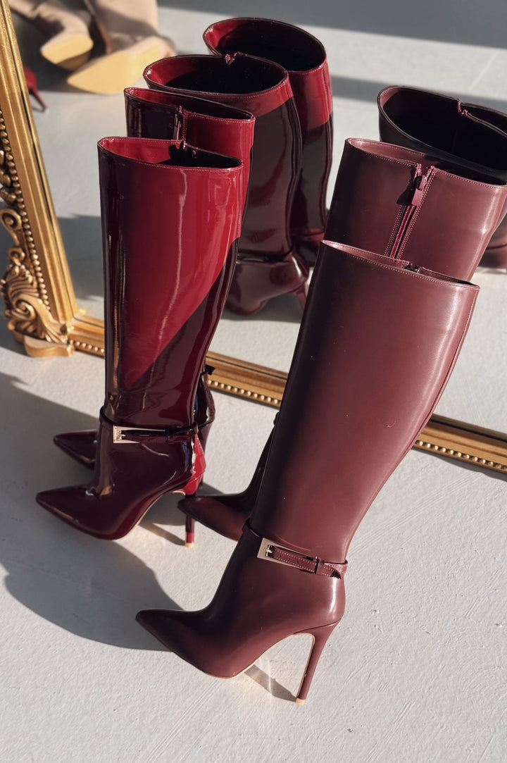 Eswod Matte Leather Buckle Detailed Burgundy Women&
