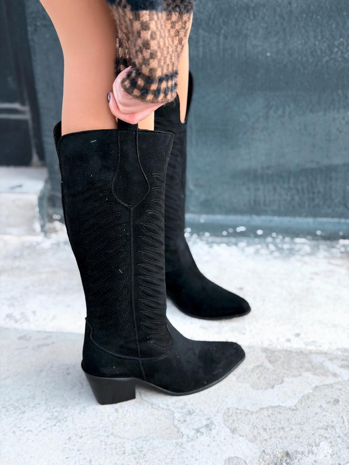 Marvett Kadın Kovboy Çizme Siyah Süet - ILOVESHOES