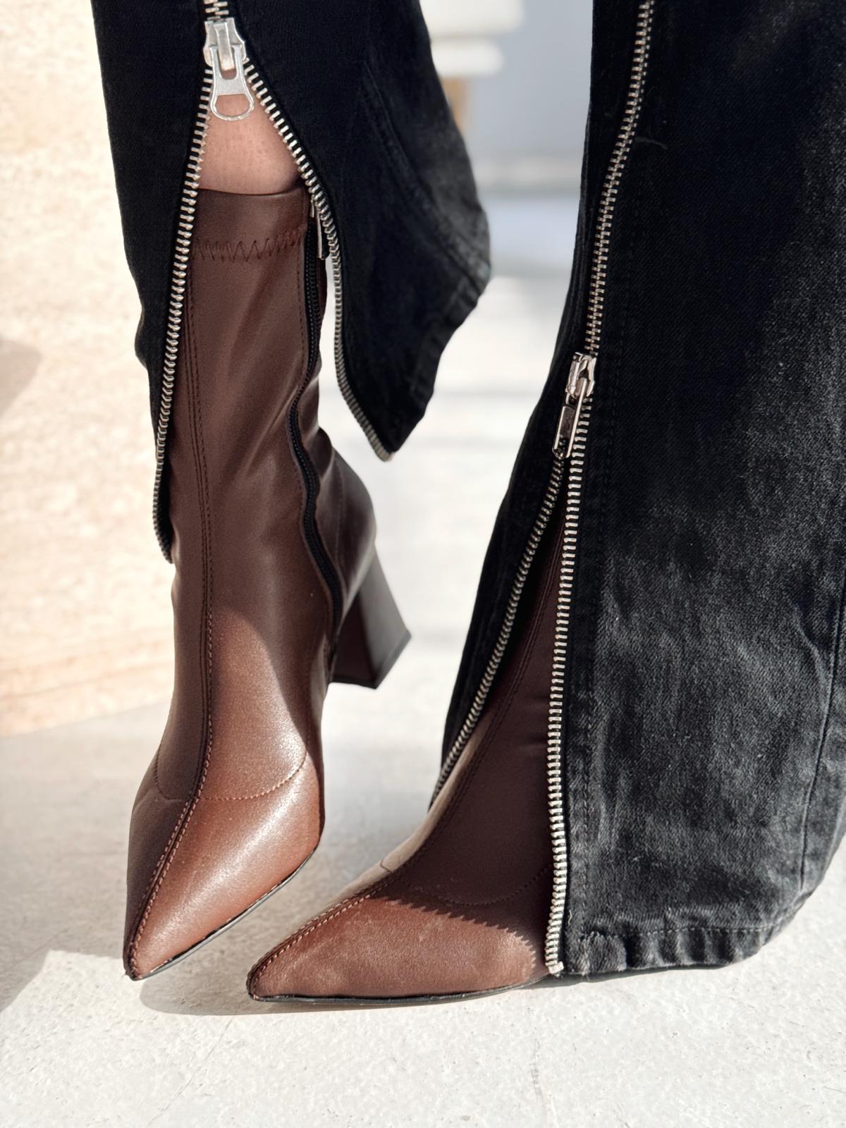 Nysea Kadın Topuklu Streç Bot Kahverengi Mat Deri - ILOVESHOES