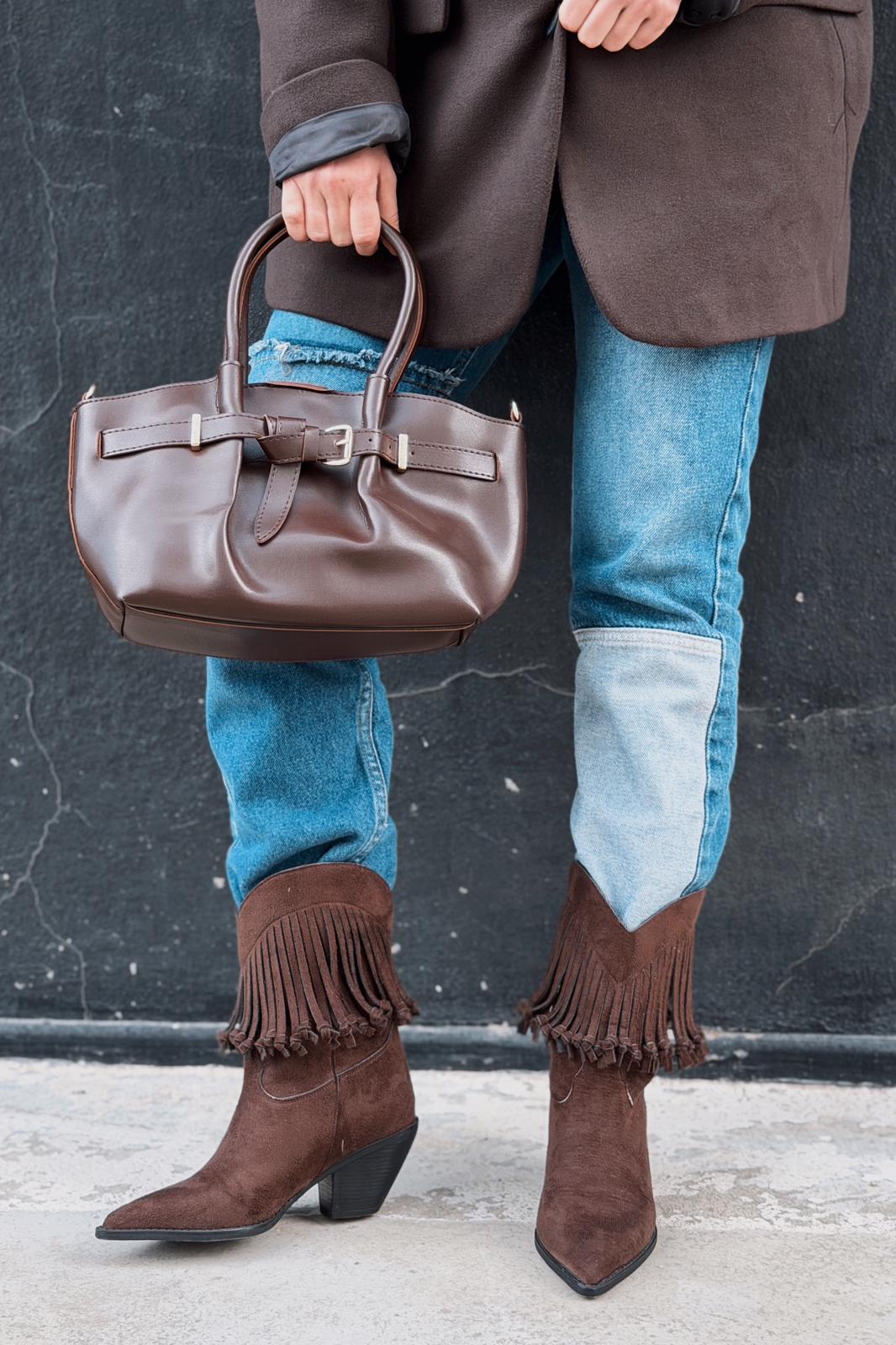 Iserne Kadın Kovboy Bot Acıkahve Süet Püsküllü - ILOVESHOES