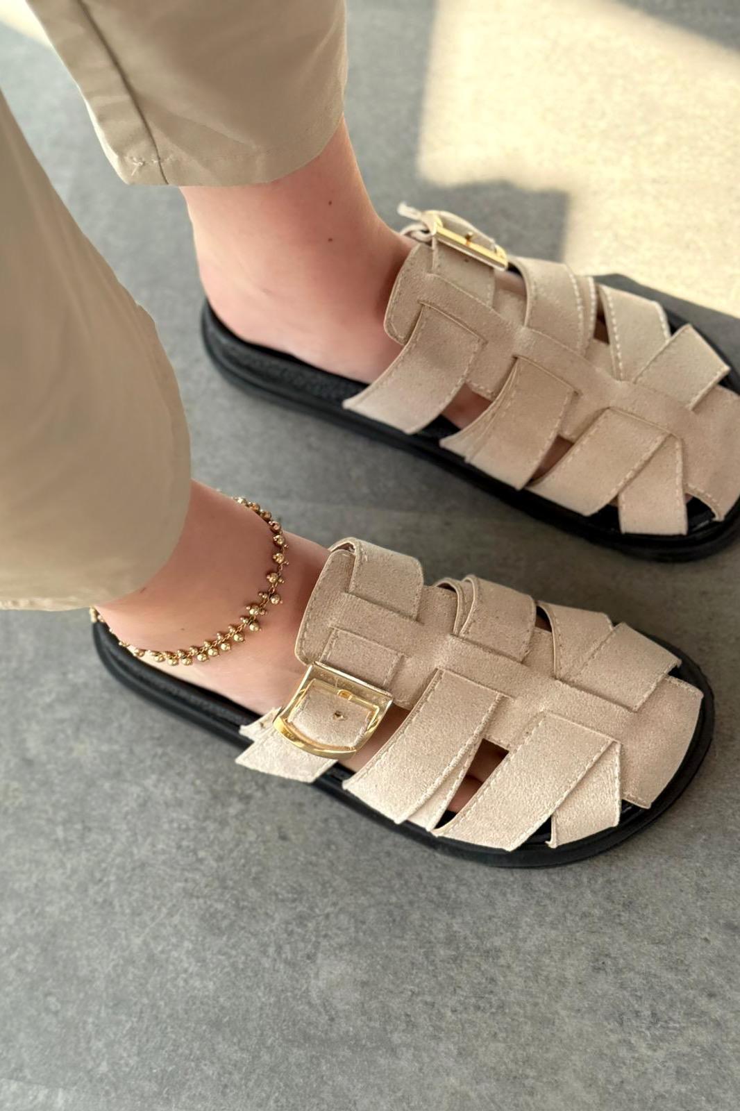 Polra Süet Bej Düz Kadın Terlik - ILOVESHOES