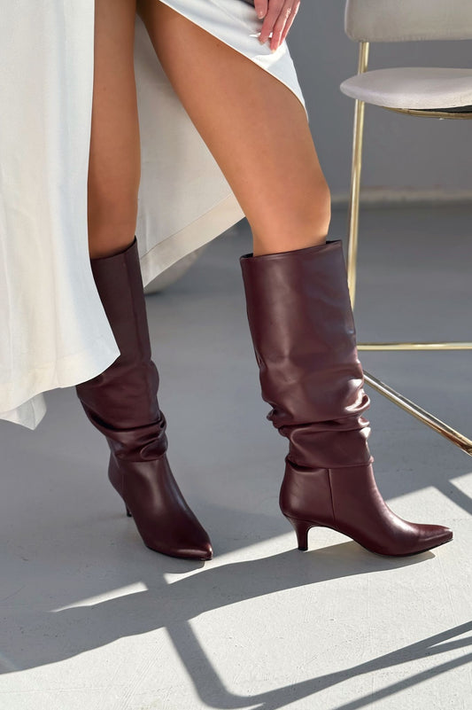 Sollet Bordo İnce Topuklu Günlük Kadın Çizme - ILOVESHOES
