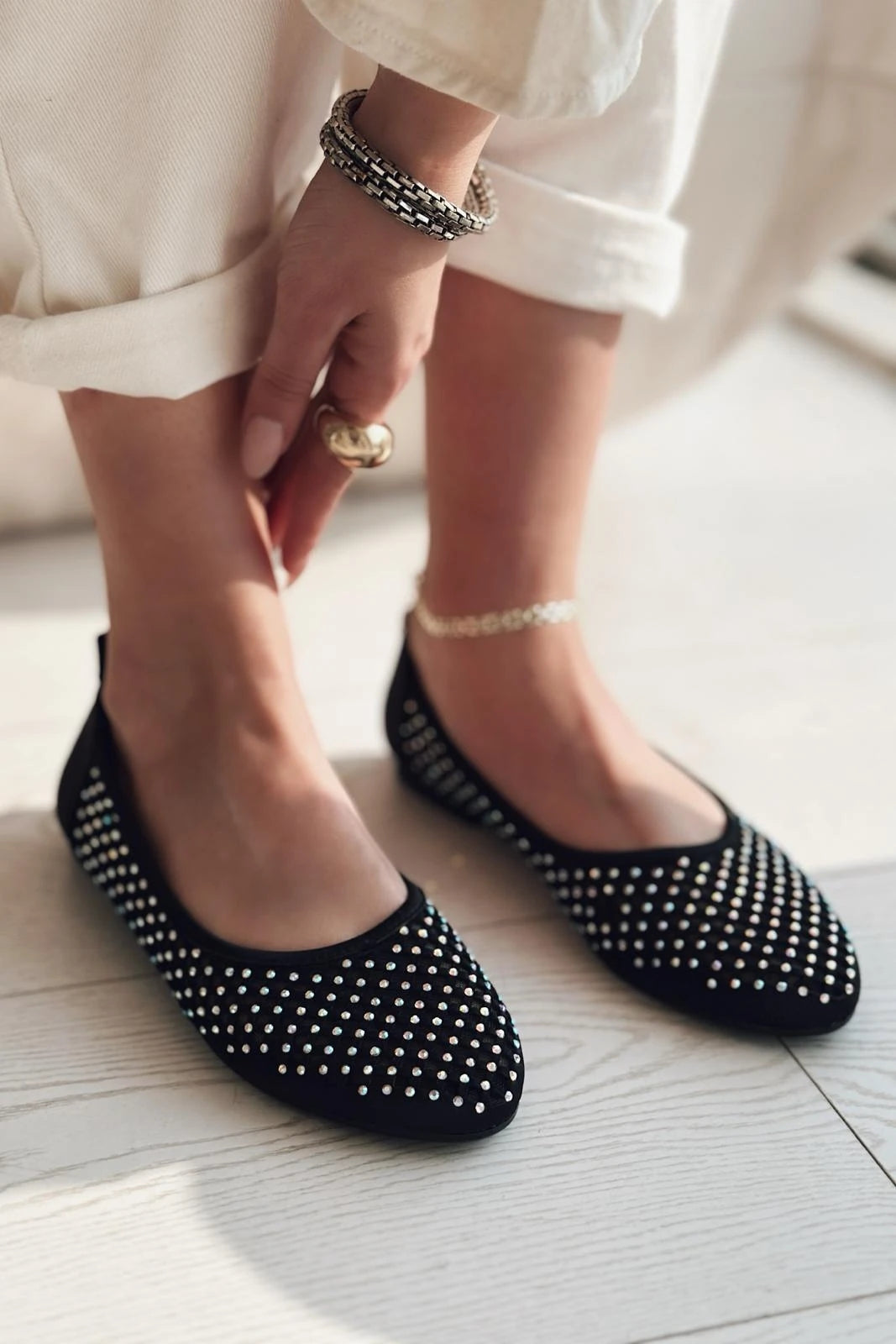 Ronetta Satin Stone Detailed Ballerinas Black
