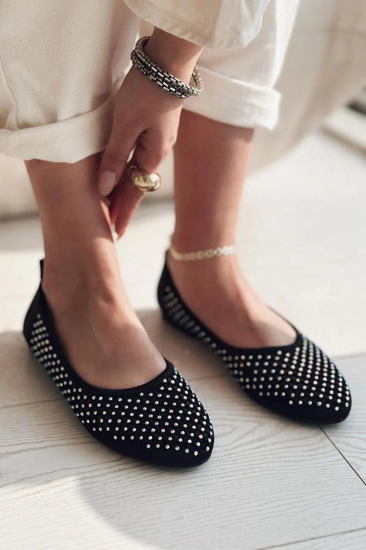 Ronetta Satin Stone Detailed Ballerinas Black