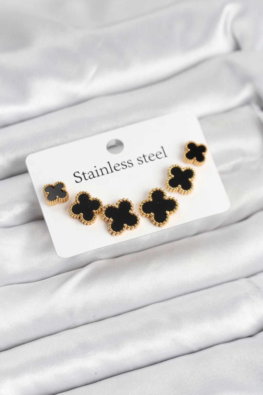 ILS - 1014 Kadın Küpe Gold - Siyah Çelik Yonca - ILOVESHOES