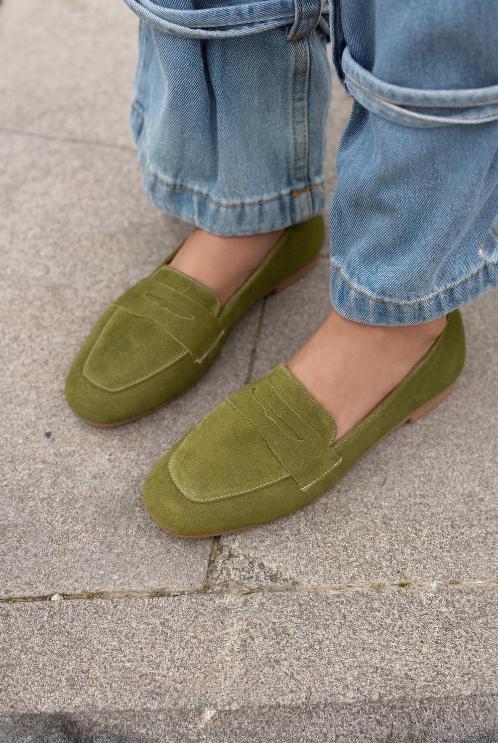 Melniel Hakiki Süet Kadın Loafer Haki - ILOVESHOES