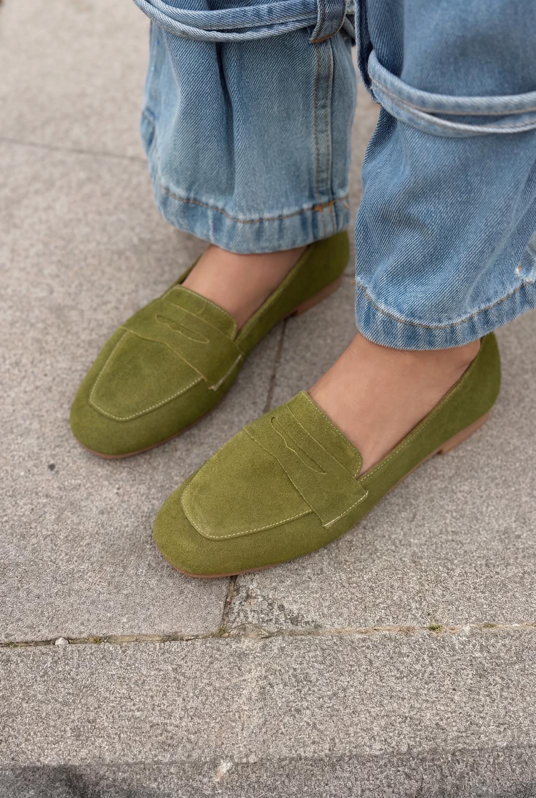 Melniel Hakiki Süet Kadın Loafer Haki - ILOVESHOES