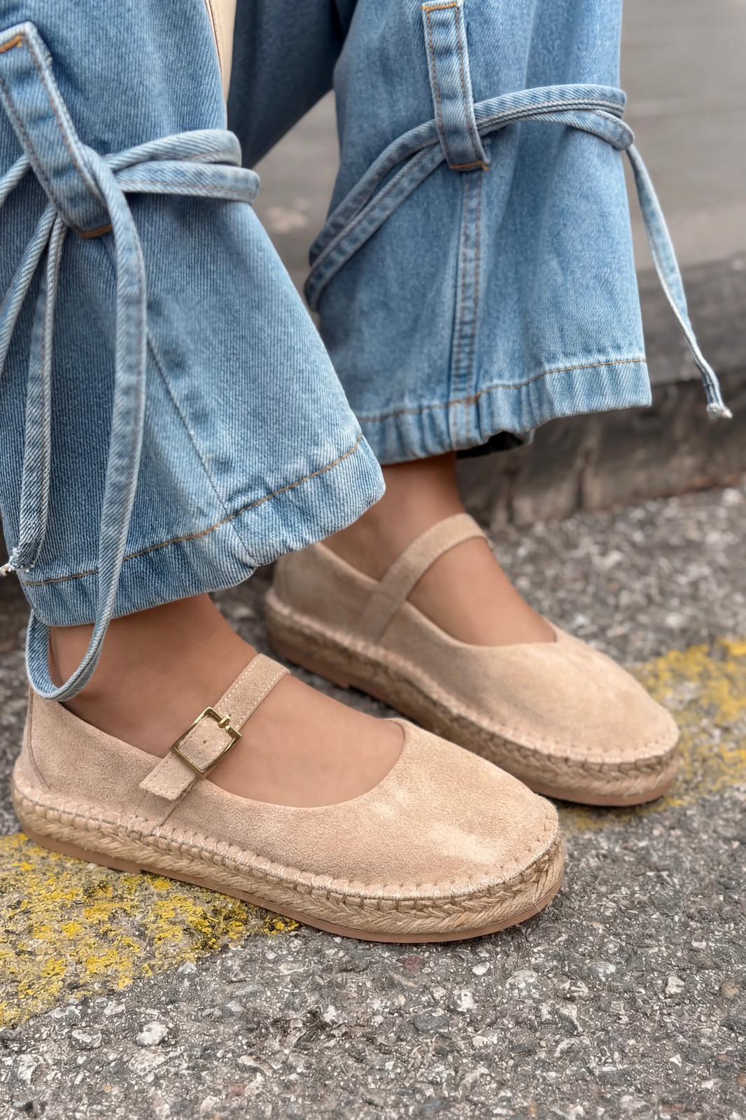 Marena Hakiki Süet Kadın Espadril Bej - ILOVESHOES