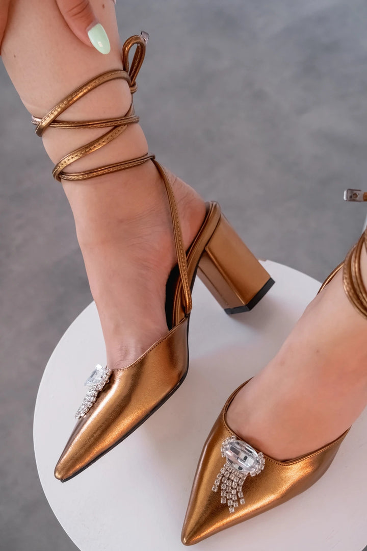 Teldina Parlak Saten Deri Yüksek Topuklu Stiletto Bronz