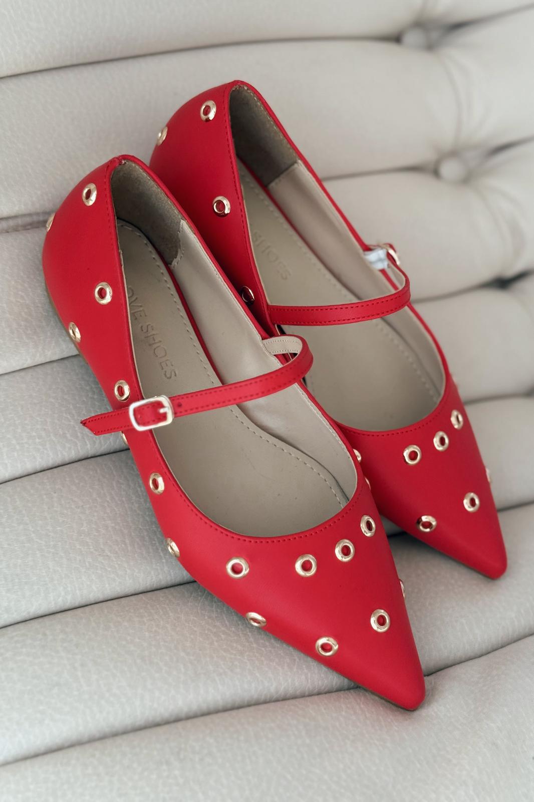 Zelix Mat Zımba Detaylı Kırmızı Kadın Babet - ILOVESHOES