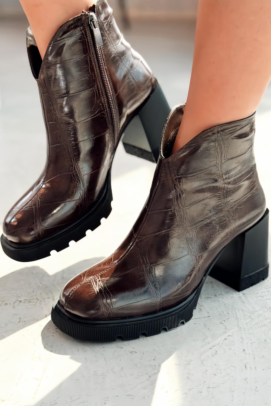 Rancel Kadın Topuklu Bot Acıkahve Parlak Deri - ILOVESHOES
