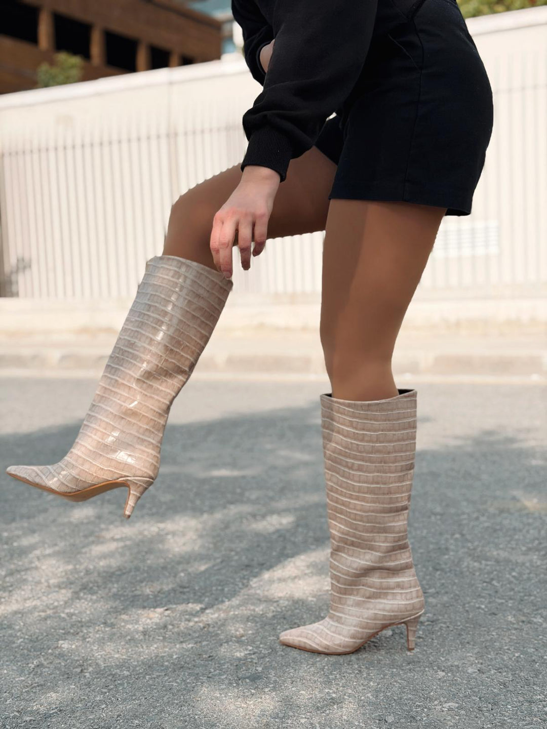 Gwen Desenli Kadın Çizme Nude - ILOVESHOES