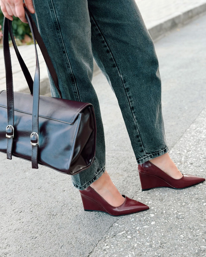 Mariel Dolgu Topuklu Stiletto Bordo Mat Deri - ILOVESHOES