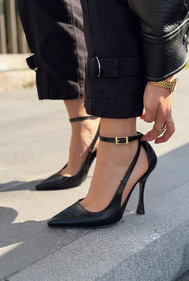 Nerole Stiletto Siyah Mat Deri Yüksek Topuklu - ILOVESHOES