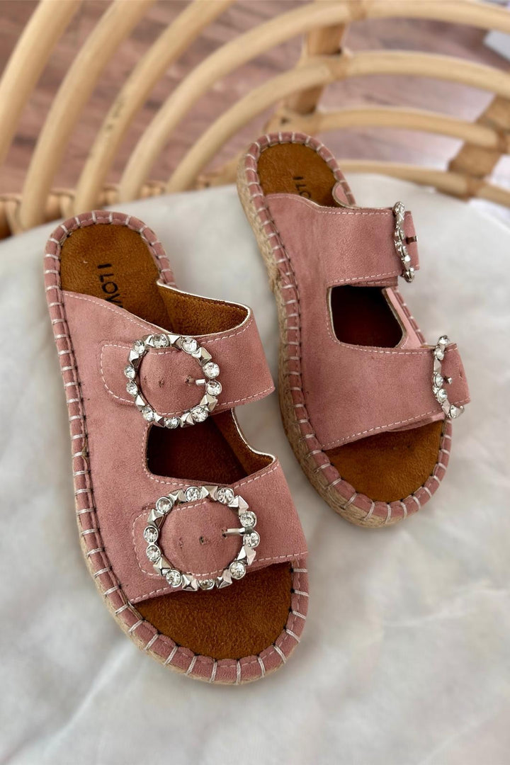 Cosin Süet Taş Detaylı Kadın Terlik Pudra - ILOVESHOES