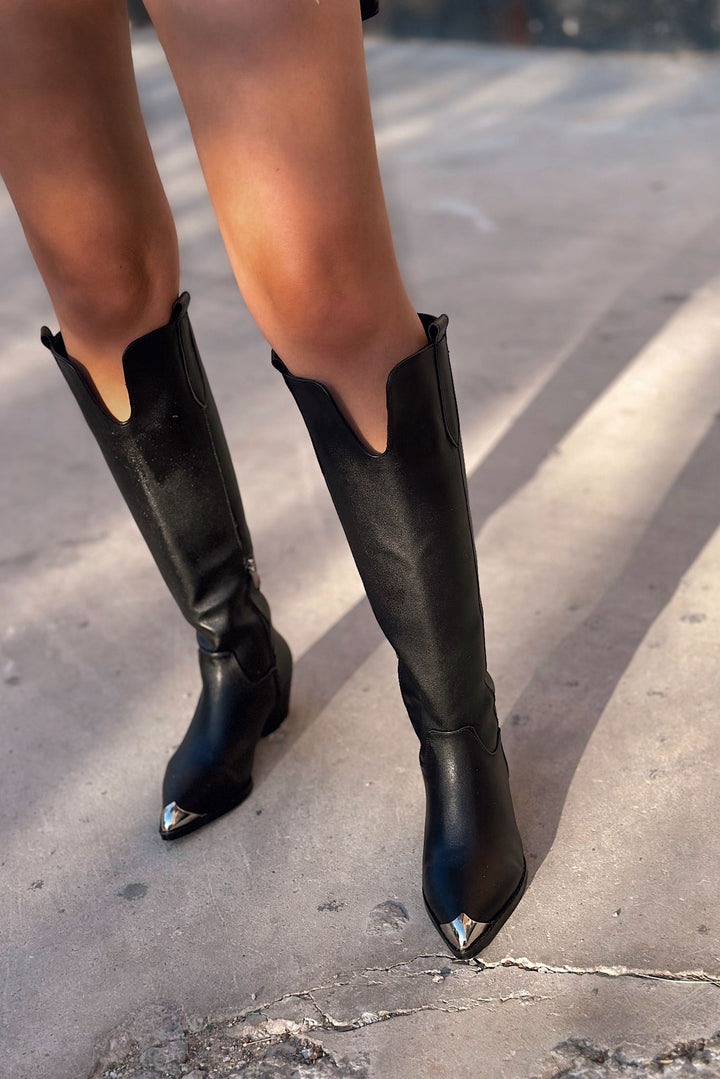 Leroys Mat Deri Siyah Kadın Kovboy Çizme - ILOVESHOES