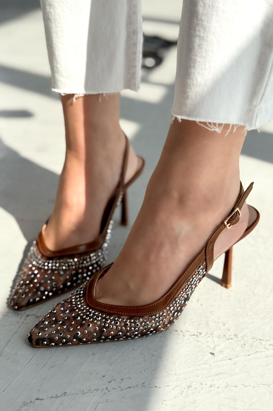 Clarwon Tül Taş Detaylı Stiletto Kahverengi - ILOVESHOES