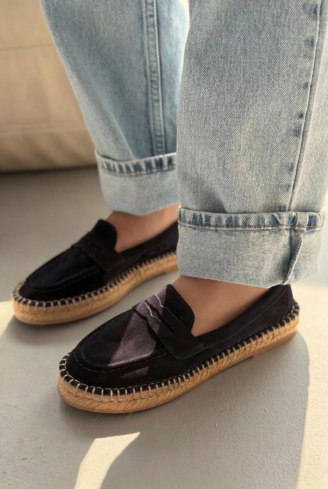 Celure Lacivert Hakiki Deri Kadın Espadril Loafer - ILOVESHOES