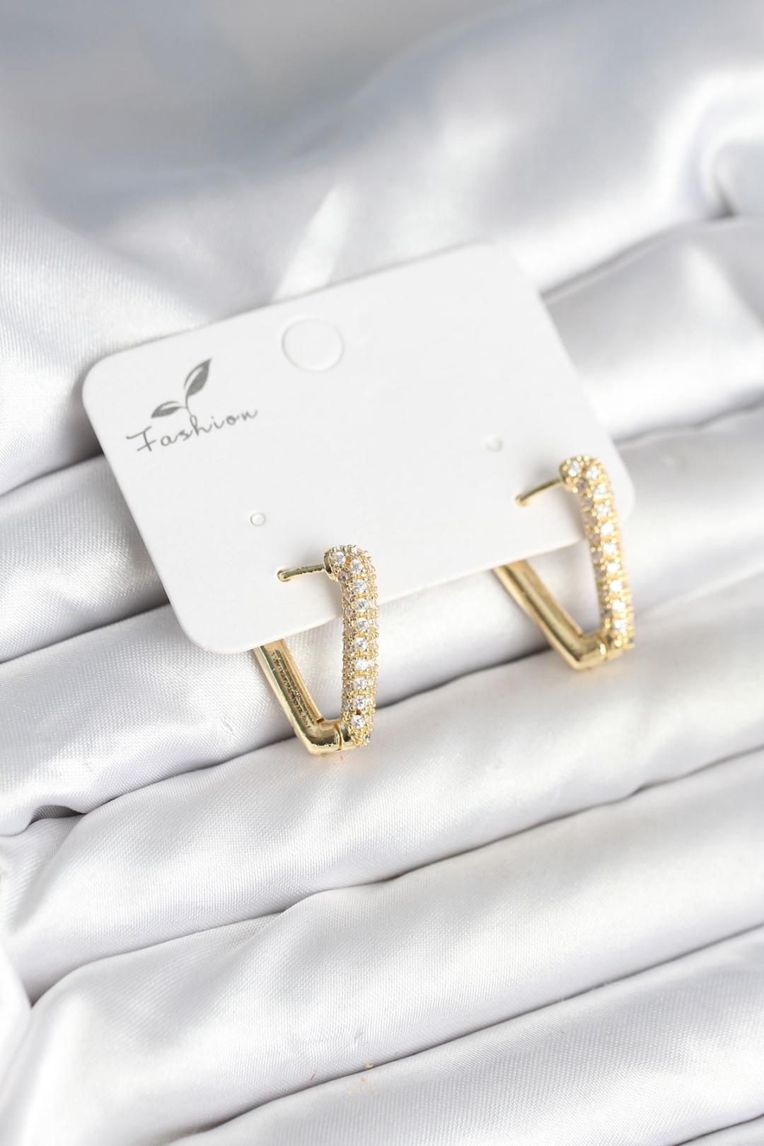 ILS - 1018 Kadın Üçgen Küpe Gold Pirinç Zirkon Taşlı - ILOVESHOES