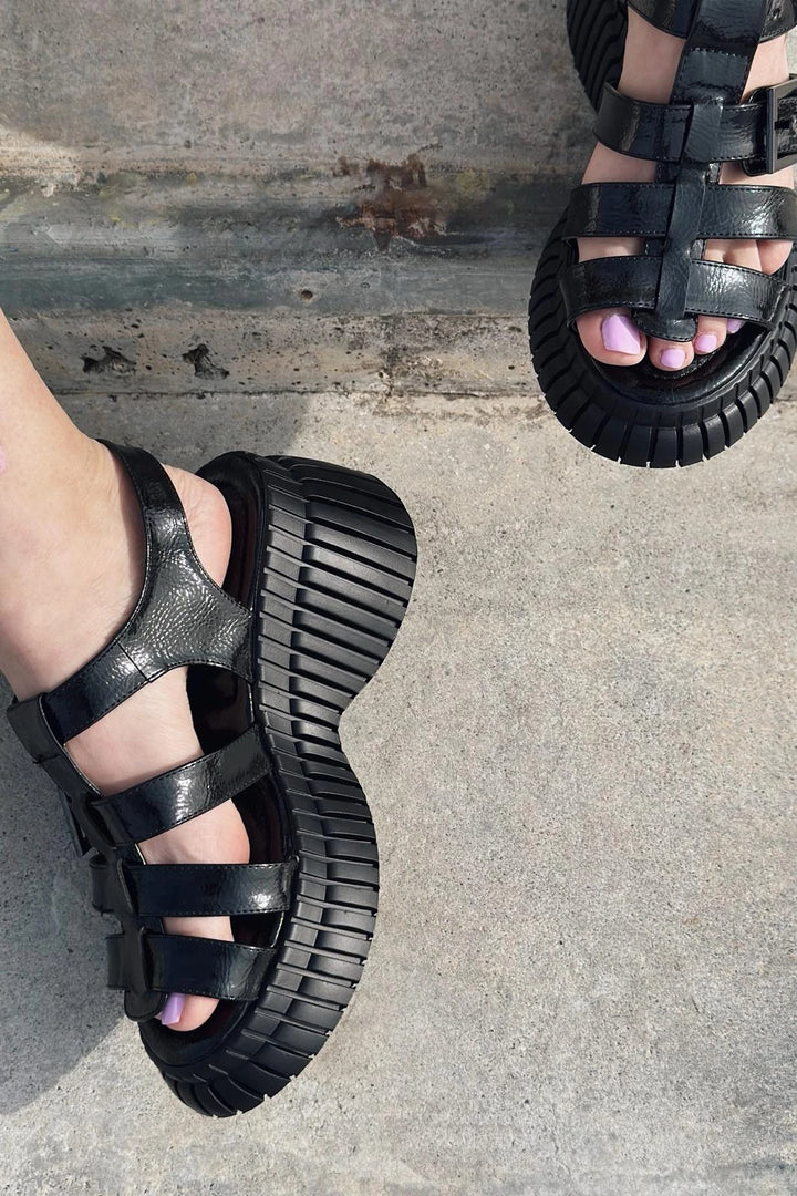 Movina Patent Leather Buckle Detailed Thick Sole Women&