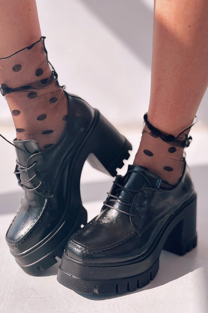 Sapetos Kalın Taban Topuklu Kadın Loafer Siyah Mat Rugan - ILOVESHOES